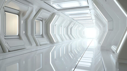 Obraz premium A futuristic, white corridor with a bright light at the end.