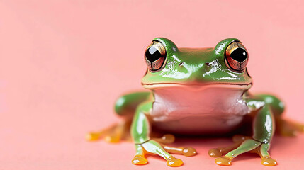 A green tree frog with bright orange feet sits on a pink background.