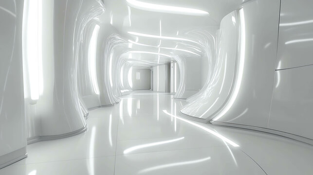 Abstract white interior with glowing lights, creating a futuristic and minimalist feel.