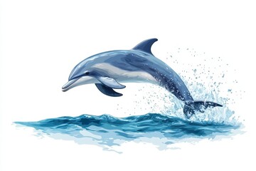 Fototapeta premium A vibrant dolphin gracefully leaps above the ocean waves, showcasing its agility and playful spirit in a beautiful aquatic scene, white background
