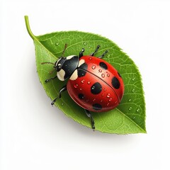 Fototapeta premium A vibrant ladybug rests on a green leaf, showcasing its bright red body and black spots, surrounded by droplets of water, white background