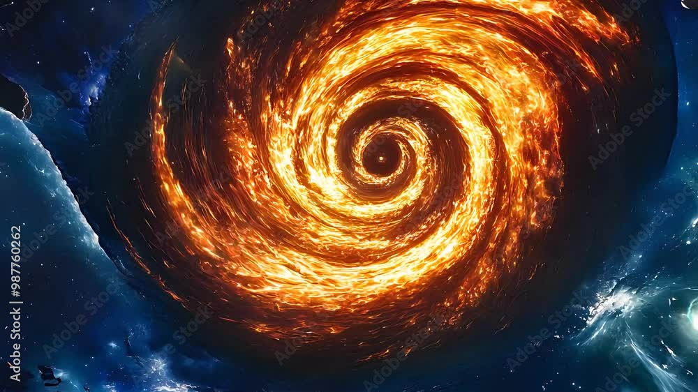 Poster fiery galactic vortex in deep space, swirling cosmic energy and celestial phenomena in abstract oute