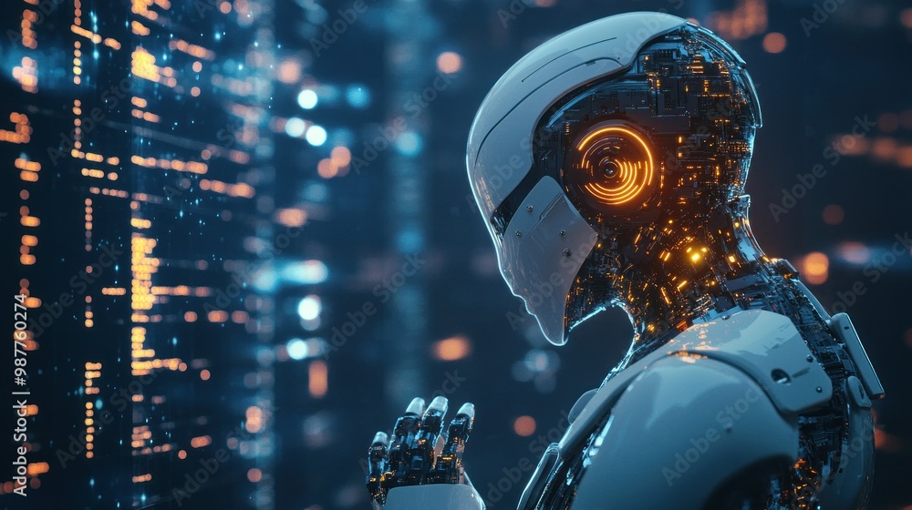 Aufkleber a futuristic robot with glowing internal circuitry against a digital background