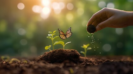 Fototapeta premium Planting a Seed of Hope: A Hand Nurturing a Sprout