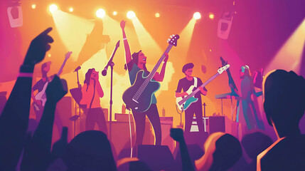 Fototapeta premium A band performs on stage with a cheering crowd in front of them.