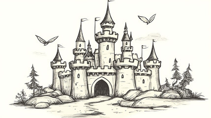Obraz premium Hand drawn sketch of a fairytale castle with a large gate and many towers.