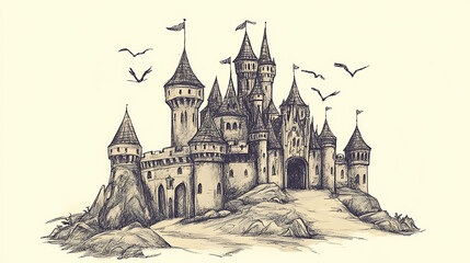 Fototapeta premium Hand-drawn sketch of a fairytale castle with a rocky landscape and flying birds.