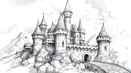 Fototapeta premium A detailed pencil sketch of a grand fairytale castle perched atop a rocky hill, with a bridge leading to its entrance.