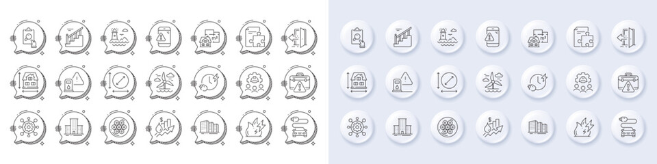 Windmill, Lighthouse and Framework line icons. White pin 3d buttons, chat bubbles icons. Pack of Stairs, Warning message, Buildings icon. Vector