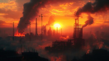 Fototapeta premium Smog-Filled Sunset Over an Industrial Cityscape