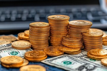 A pile of gold coins and cash, symbolizing wealth accumulation and capital growth through investment