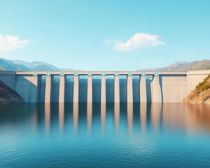 Hydroelectric dam with futuristic turbines, providing sustainable power, clean energy concept