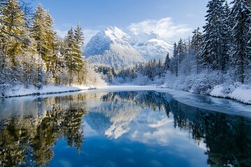 Winter Wonderland,  Snow covered mountains reflected in a frozen lake