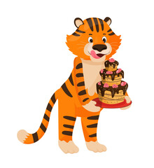Cute tiger holding a chocolate cake with strawberries