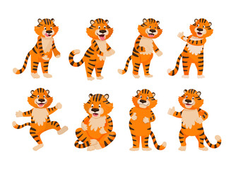 Cute tiger in multiple playful poses and expressions