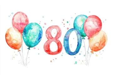 Watercolor 80th birthday clip art with balloons and the number 80