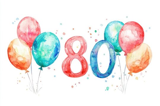 Watercolor 80th birthday clip art with balloons and the number 80