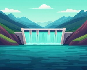 Conceptual illustration of water flowing through hydropower turbines, clean energy technology in action