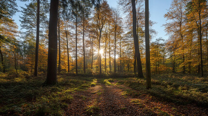 Obraz premium Sunlight Filtering Through Tall Trees in a Forest Path, fabulous places. fantasies. fabulous nature. A wonderful world