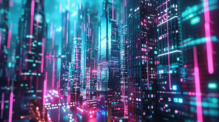 Crowdfunding futuristic business investments through decentralized blockchain platforms, holographic money exchanges in a cyberpunk city
