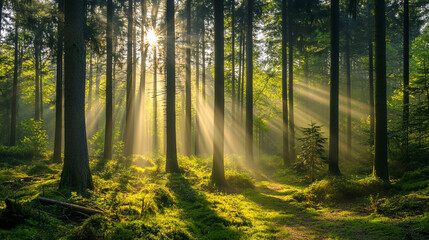 Obraz premium Golden sunlight illuminates a misty forest path, A serene forest scene at sunrise with tall trees and lush greenery.