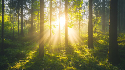 Obraz premium Golden sunlight illuminates a misty forest path, A serene forest scene at sunrise with tall trees and lush greenery.