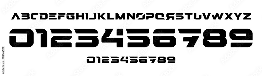 Poster Futuristic block typography, angular numbers and letters design, bold geometric font for tech, automotive logos, sports branding, jersey numbers, team merchandise. Vector typeset