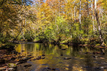 Autumn scenery along the Oconaluftee River at Great Smoky Mountains National Park.