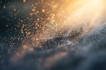 ultra close-up view of tiny lightweight fluffy dust particles shining in rays of setting sun