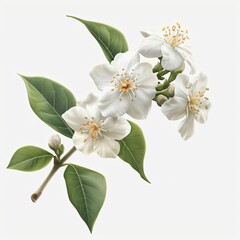 Obraz premium Delicate white flowers with green leaves on a white background.