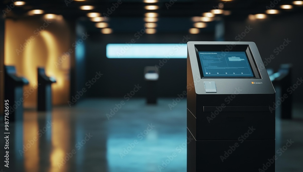 Poster black kiosk with screen, displaying code.