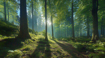 Obraz premium Sun shining through trees in forest, A serene sunlit forest with tall, green trees and lush undergrowth, bathed in the soothing light of a sunrise,