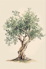 Detailed illustration of an olive tree with gnarled branches and leaves.