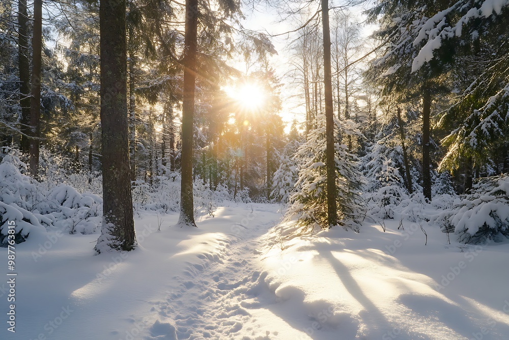 Poster Winter sunset through snowy forest trees with sunlight beams