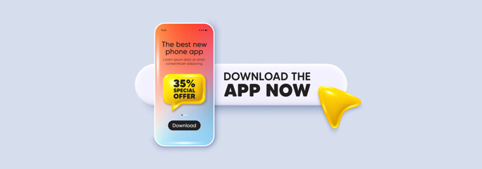 35 percent discount offer tag. Download the app now. Phone mockup screen. Sale price promo sign. Special offer symbol. Phone download app search bar. Discount text message. Vector