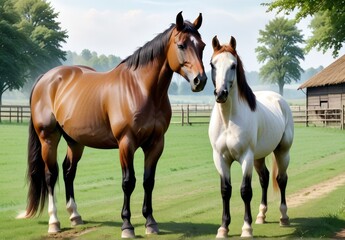 Obraz premium Chestnut and White Horse Pair