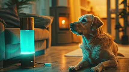 Dogs interacting with a futuristic voice assistant, programming glowing voice search ads for digital campaigns