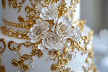 Obraz premium White and gold birthday cake with luxury designs, perfect for upscale parties.