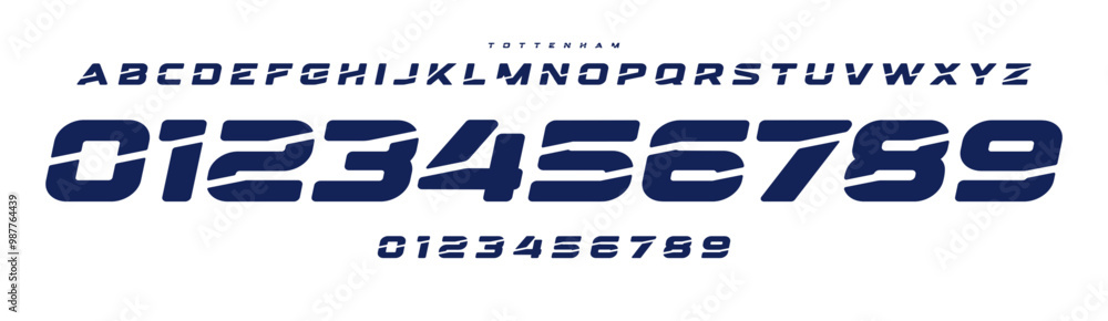 Poster Dynamic sports typography, bold angular numbers and letters, fragmented sleek font for racing logos, sports branding, jersey numbers, team merchandise. Vector typeset