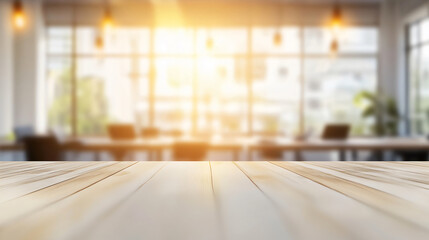 Empty wooden desk showing modern open plan office background