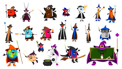 Cartoon Halloween school stationery mage, wizard and witch characters. Vector apple, scissors, book and sharpener. Magnifier, pencil case, ruler and felt-tip pen, notebook or compass and paint brush