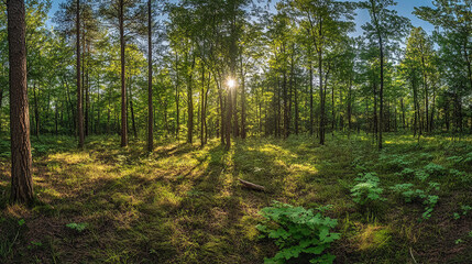 Fototapeta premium Experience a Breathtaking View of a Magical Forest with Tall Trees and Soft Early Morning Light, Sunlight peeks through a lush, green forest, casting long shadows and creating a serene.