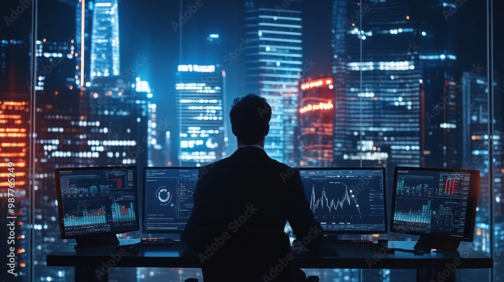 Poster a man working on multiple monitors with a nighttime city skyline in the background