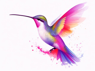 Obraz premium A vibrant hummingbird, captured mid-flight, dominates the composition against a stark white background.