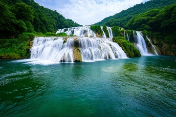 Naklejka premium A stunning view of cascading waterfalls, with water flowing down multiple tiers in a lush, green forest