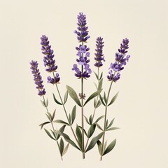 Obraz premium Five lavender flowers with green leaves on a light beige background.