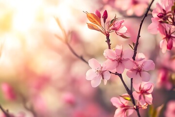Fototapeta premium Pink cherry blossom flowers blooming in springtime with warm sunshine. Beautiful floral background for spring and summer design