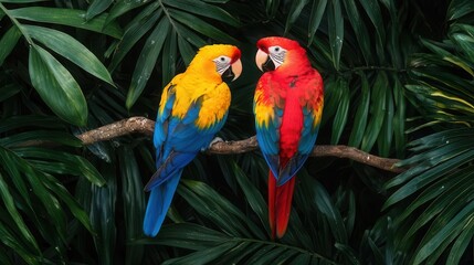 Obraz premium Tropical rainforest canopy with vibrant birds perched on branches, wildlife below moving quietly