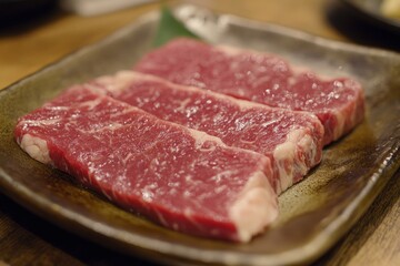 Fototapeta premium Fresh raw beef slices laid out on a plate