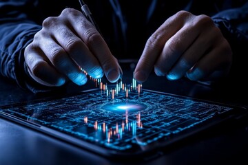A trader using technical analysis tools, studying candlestick charts and indicators to forecast market trends